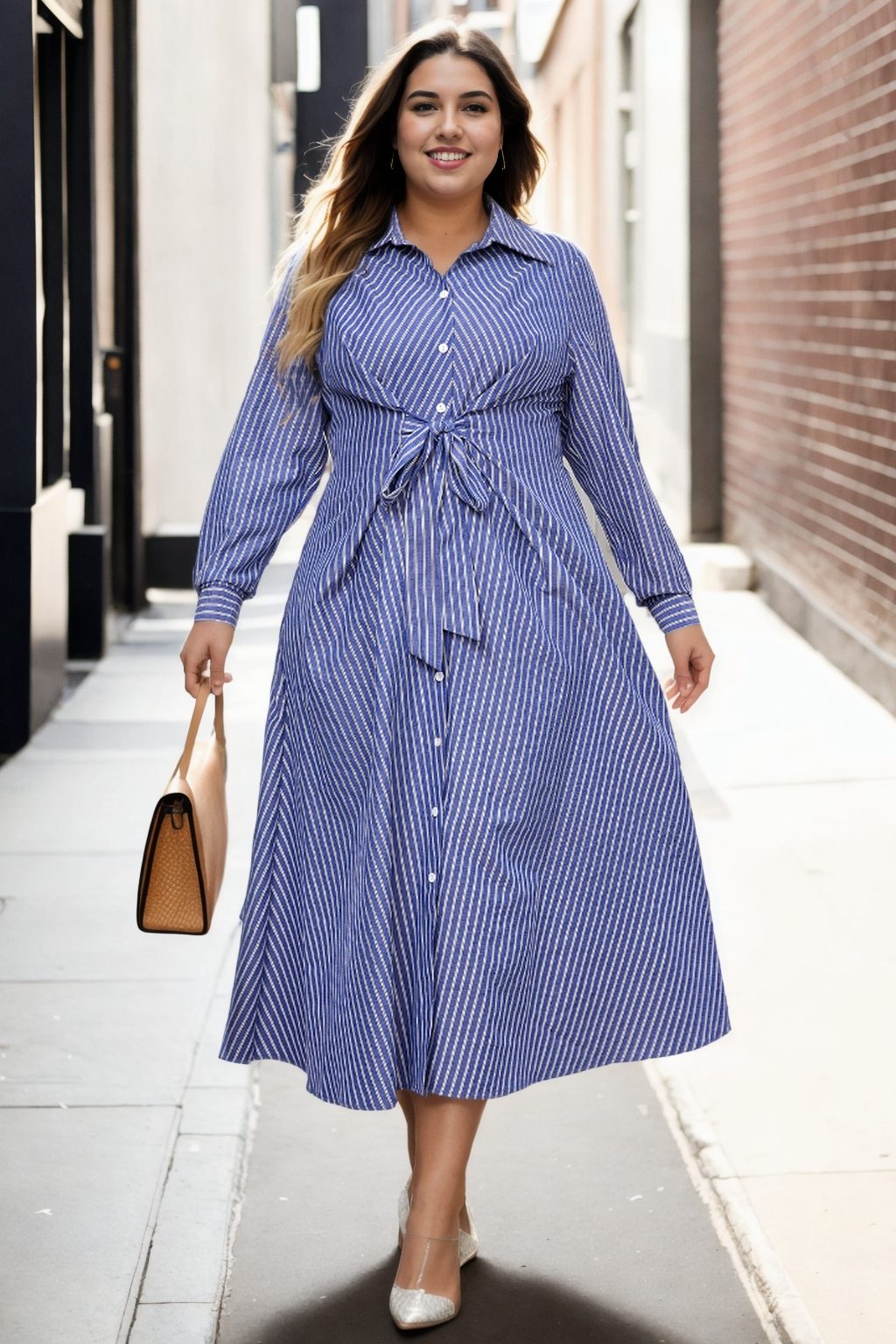 Brooke Plus Size Blue Stripes Long Sleeve Shirt Dress Hello Curve