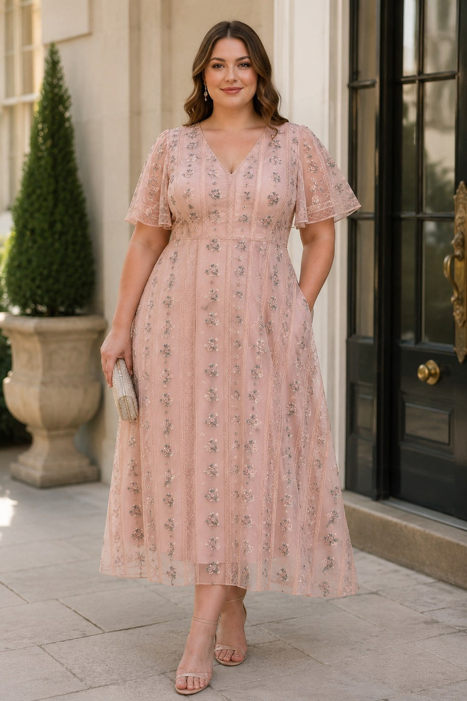Front view of a blush pink plus size wedding guest midi dress with floral embroidered tulle, flutter sleeves, V-neckline and flowing midi skirt.