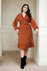 Plus Size Brown Wrap Long Sleeve Dress