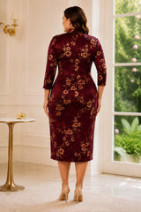 Back view of a plus size burgundy floral cheongsam midi dress with Mandarin collar, three-quarter sleeves and streamlined silhouette.
