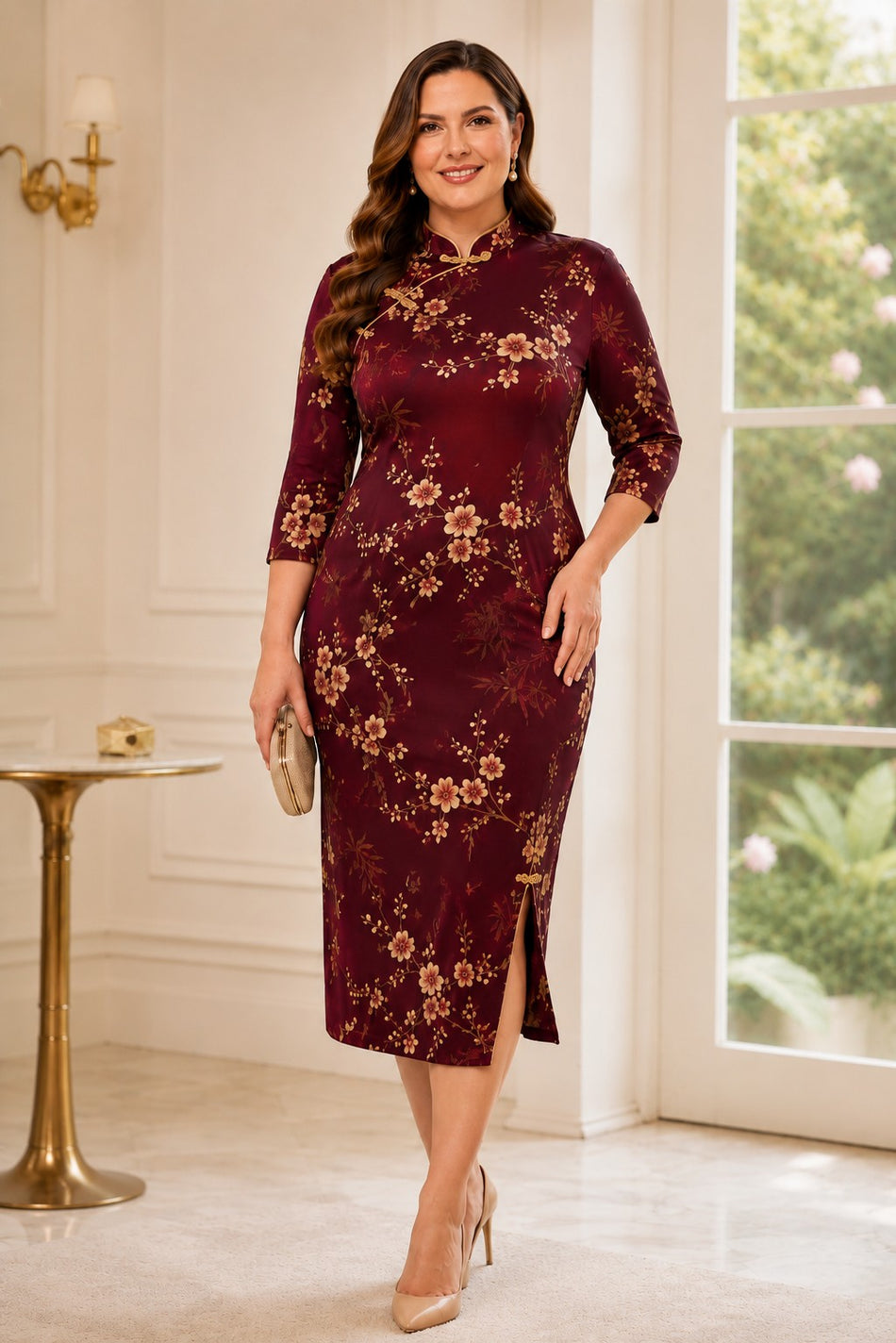 Plus size woman wearing a burgundy floral cheongsam midi dress with Mandarin collar, three-quarter sleeves and front side slit.