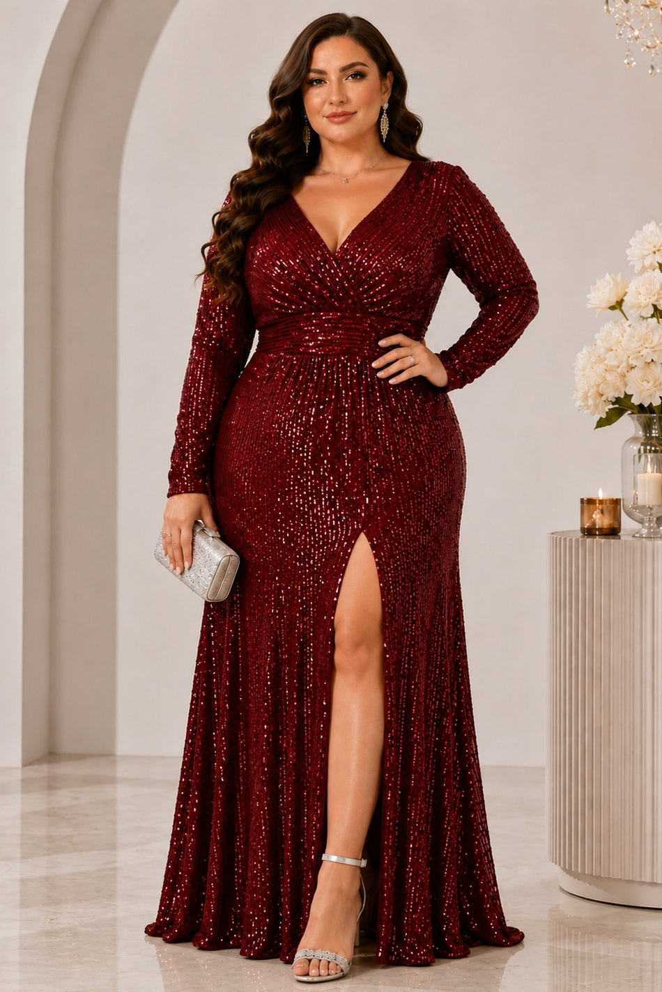 Plus size woman wearing a burgundy sequin evening dress with V neckline, long sleeves, gathered waist and front slit.