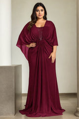 Plus Size Cape Short Sleeve Evening Dress - Red