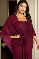 Plus Size Cape Short Sleeve Evening Dress - Red Close Up