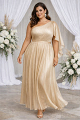 Plus Size Formal One Shoulder Gown in champagne gold in motion, suitable for formal events and evening occasions