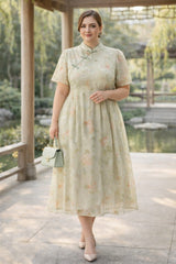 Plus Size Cheongsam Chinese Style Midi Dress in soft green floral, suitable for wedding guest and formal events
