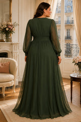 Back of a plus size chiffon maxi evening dress with long sheer sleeves, gathered emppire waistband and a line in forest green.