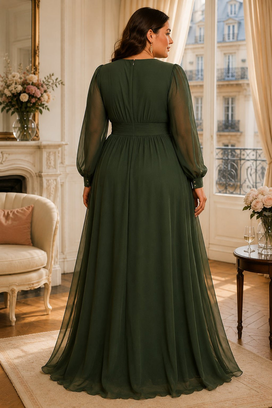 Back of a plus size chiffon maxi evening dress with long sheer sleeves, gathered emppire waistband and a line in forest green.