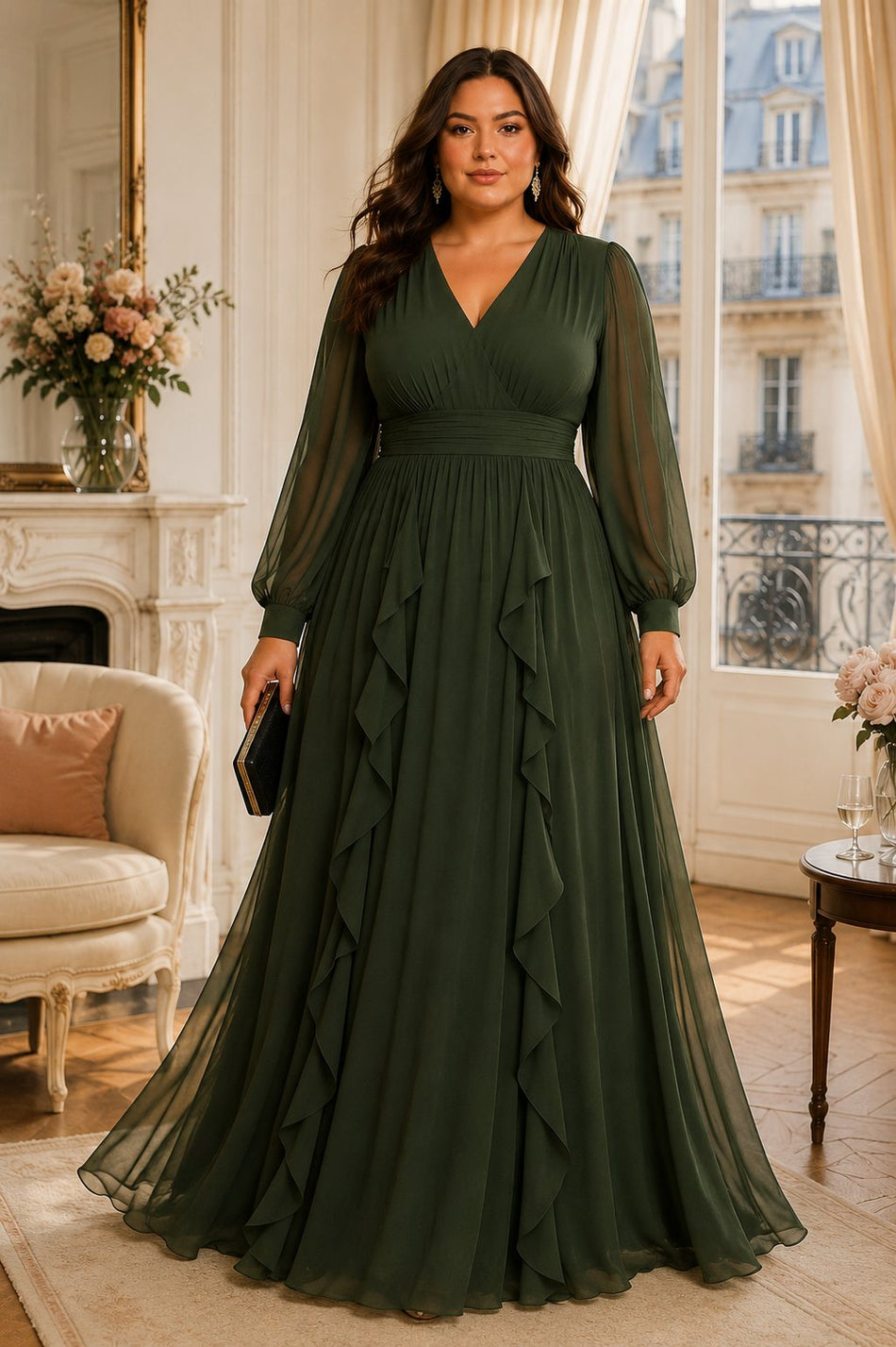 Plus Size Chiffon Maxi Evening Dress with Sleeves– Hello Curve