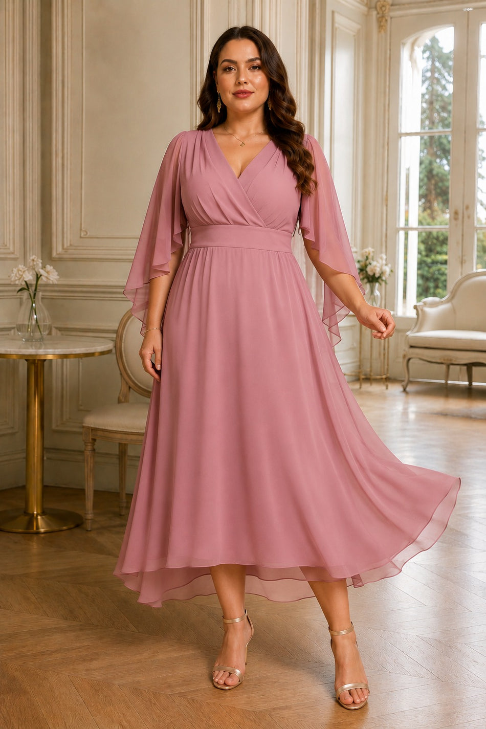 Plus size chiffon wedding guest dress with waterfall sleeves and crossover V-neck in dusty pink