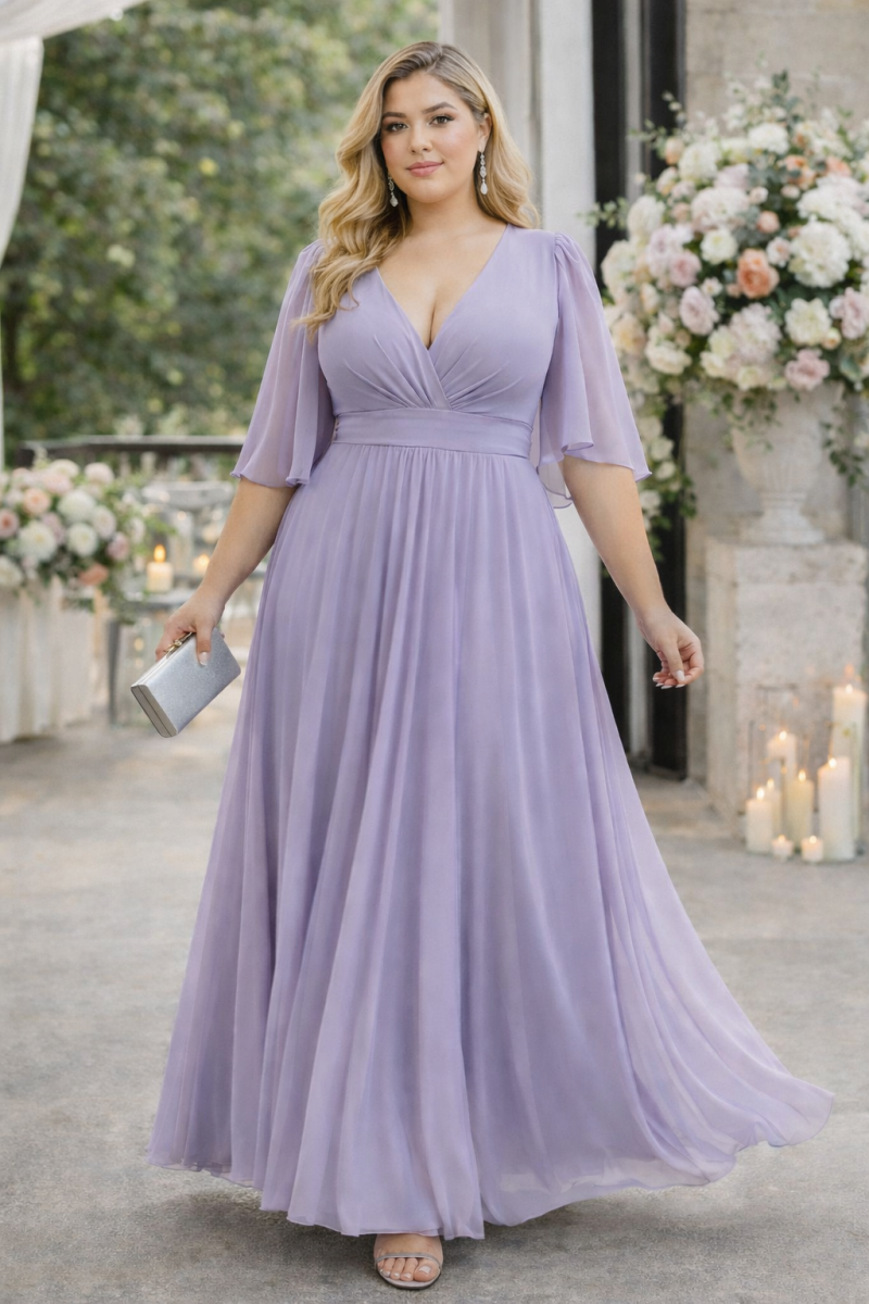 Plus Size Chiffon Wrap Maxi Dress in soft lilac chiffon, suitable for wedding guests and formal events - lilac