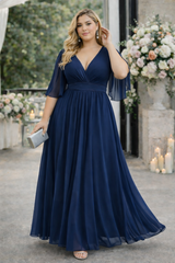 Plus Size Chiffon Wrap Maxi Dress in soft lilac chiffon, suitable for wedding guests and formal events - navy