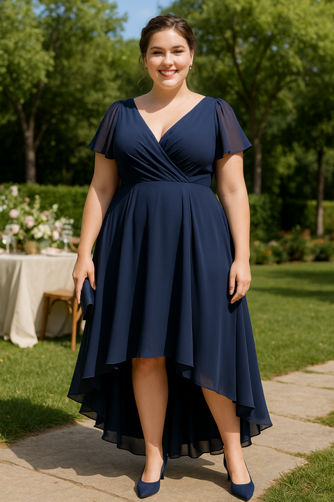 Plus Size Chiffon Wrap Midaxi Dress - Navy Blue