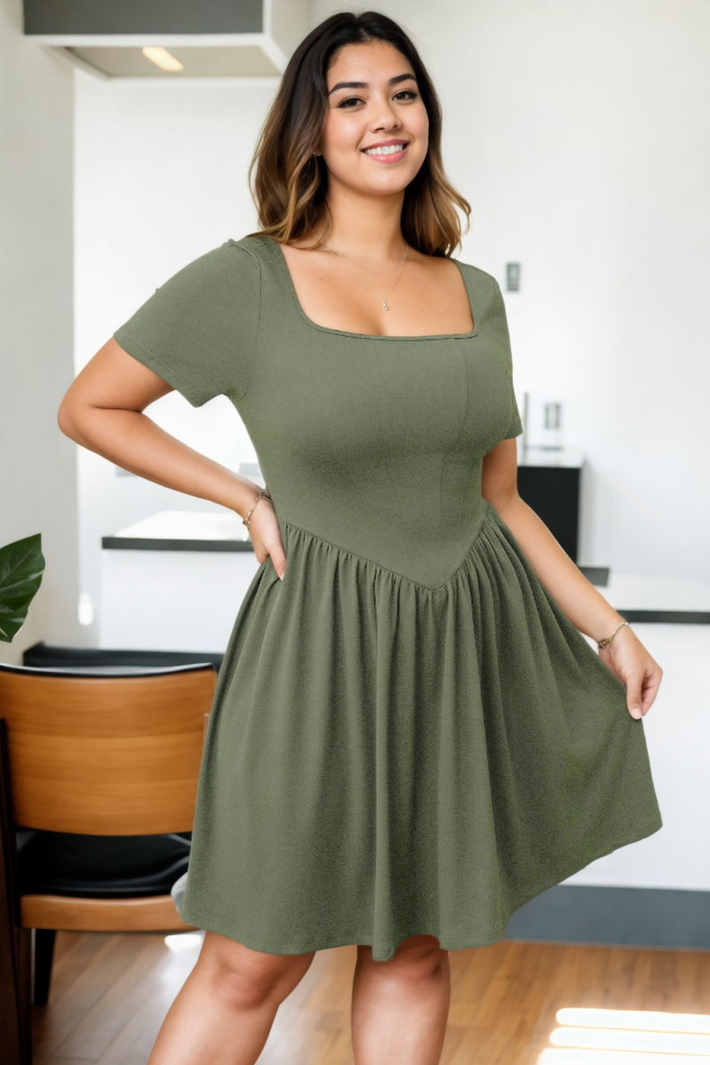 Plus Size Short Sleeve Corset Dress - green