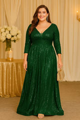 Plus Size Green ¾ Sleeve Gown