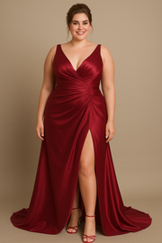 Plus Size Dark Red Satin Gown