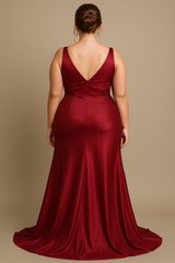Plus Size Dark Red Satin Evening Gown
