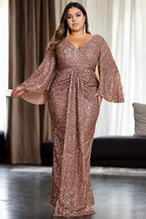 Plus Size Sequins Drape Flare Long Sleeve Evening Dress