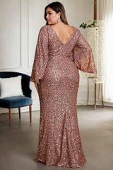 Plus Size Sequins Drape Flare Long Sleeve Evening Dress - back