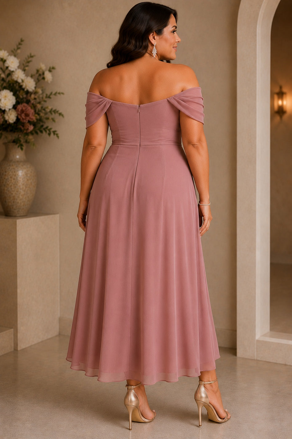 Back view of a plus size dusty mauve off shoulder midi cocktail dress with a softly flowing A-line skirt