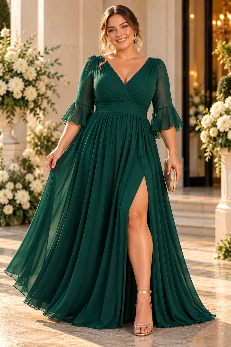 Plus size woman wearing a emerald green chiffon formal maxi dress with wrap V-neck, 3/4 flutter sleeves and flowing skirt.
