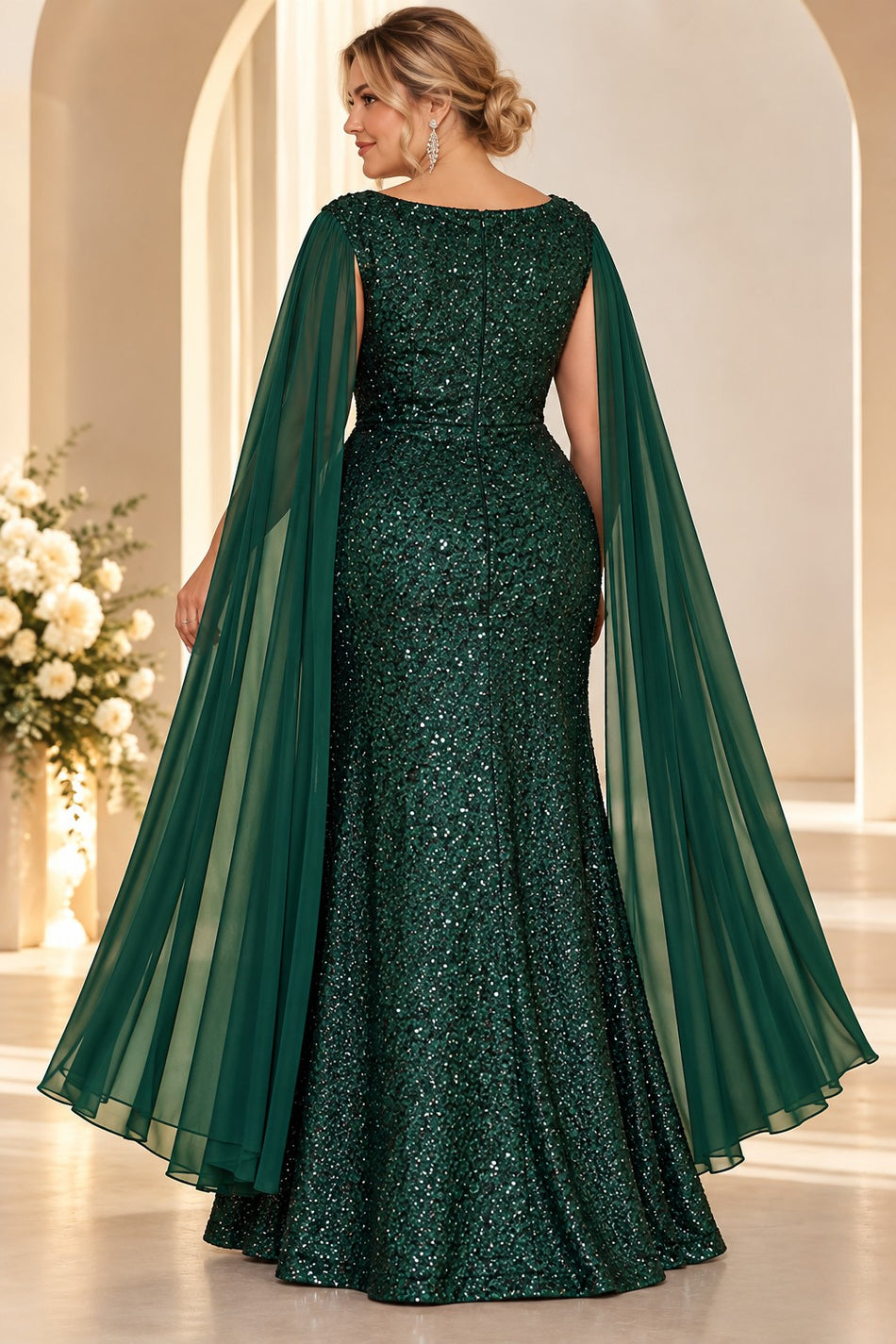 Back view of a plus size emerald green sequin evening gown with wide neckline and long sheer cape sleeves.