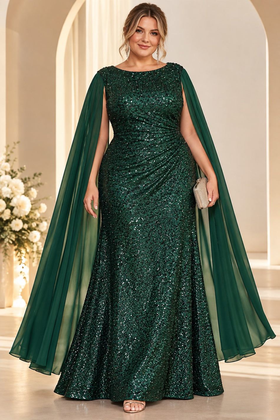 Plus size woman wearing an emerald green sequin evening gown with diagonal waist draping and long flowing cape sleeves.