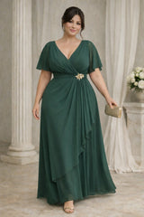 Plus size emerald green Grecian evening dress with V-neck, flutter sleeves and cascading front drape