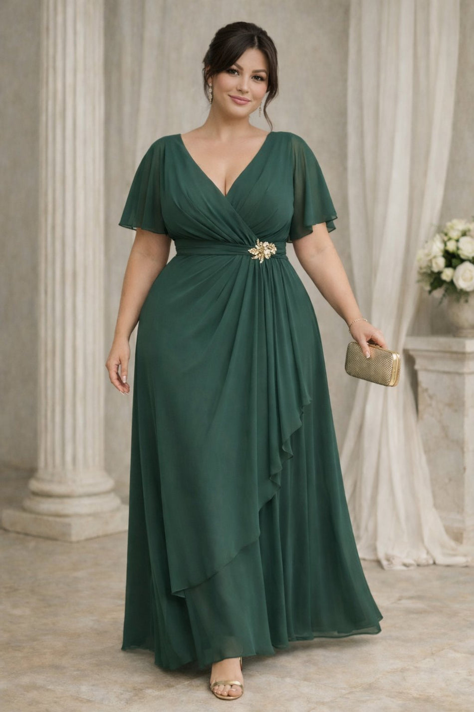 Plus size emerald green Grecian evening dress with V-neck, flutter sleeves and cascading front drape