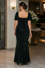 Plus size emerald green sequin evening maxi dress with sweetheart neckline and fishtail hem back view