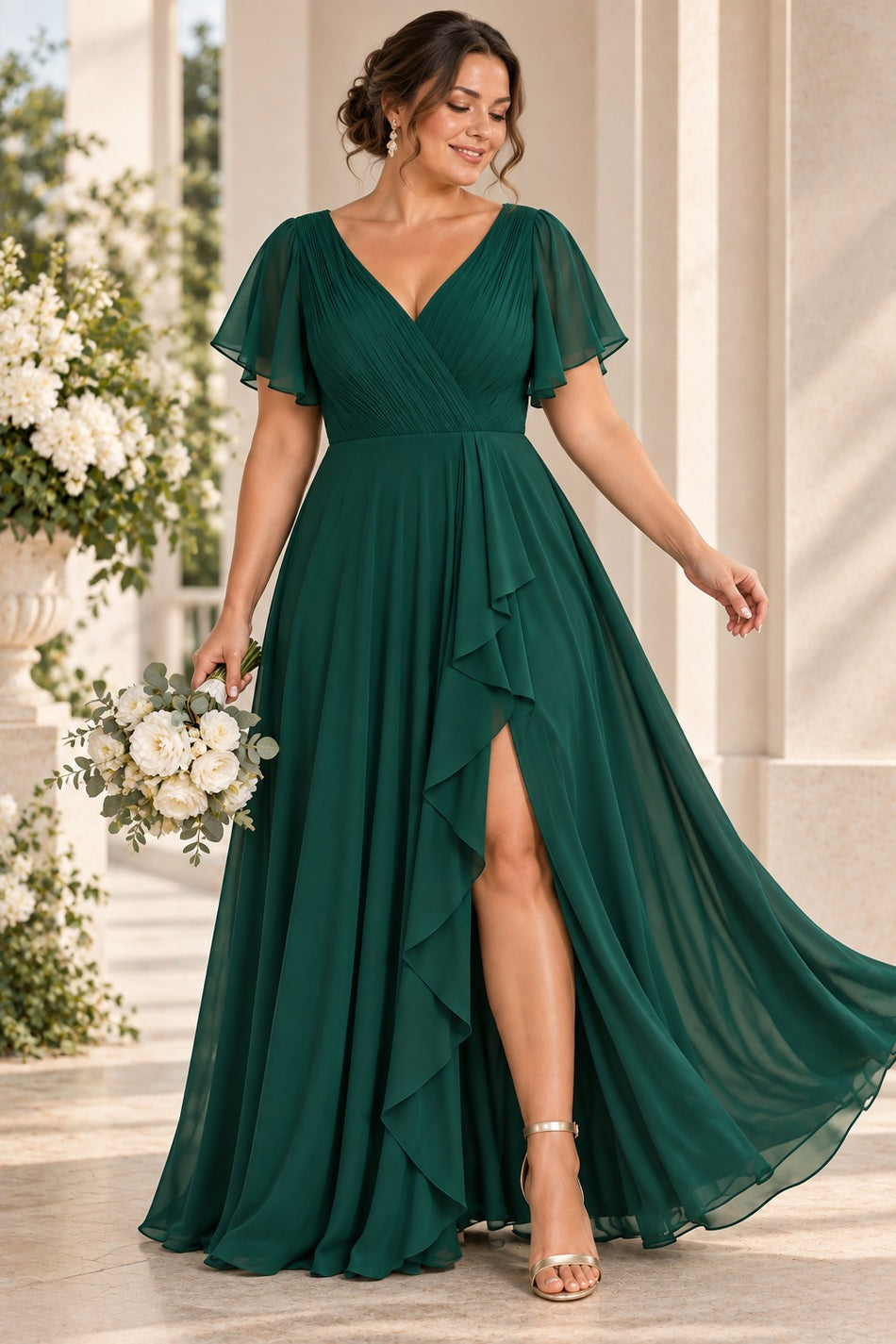 Plus size woman wearing an emerald green wrap-style maxi formal dress with V neckline, flutter sleeves and cascading front drape.
