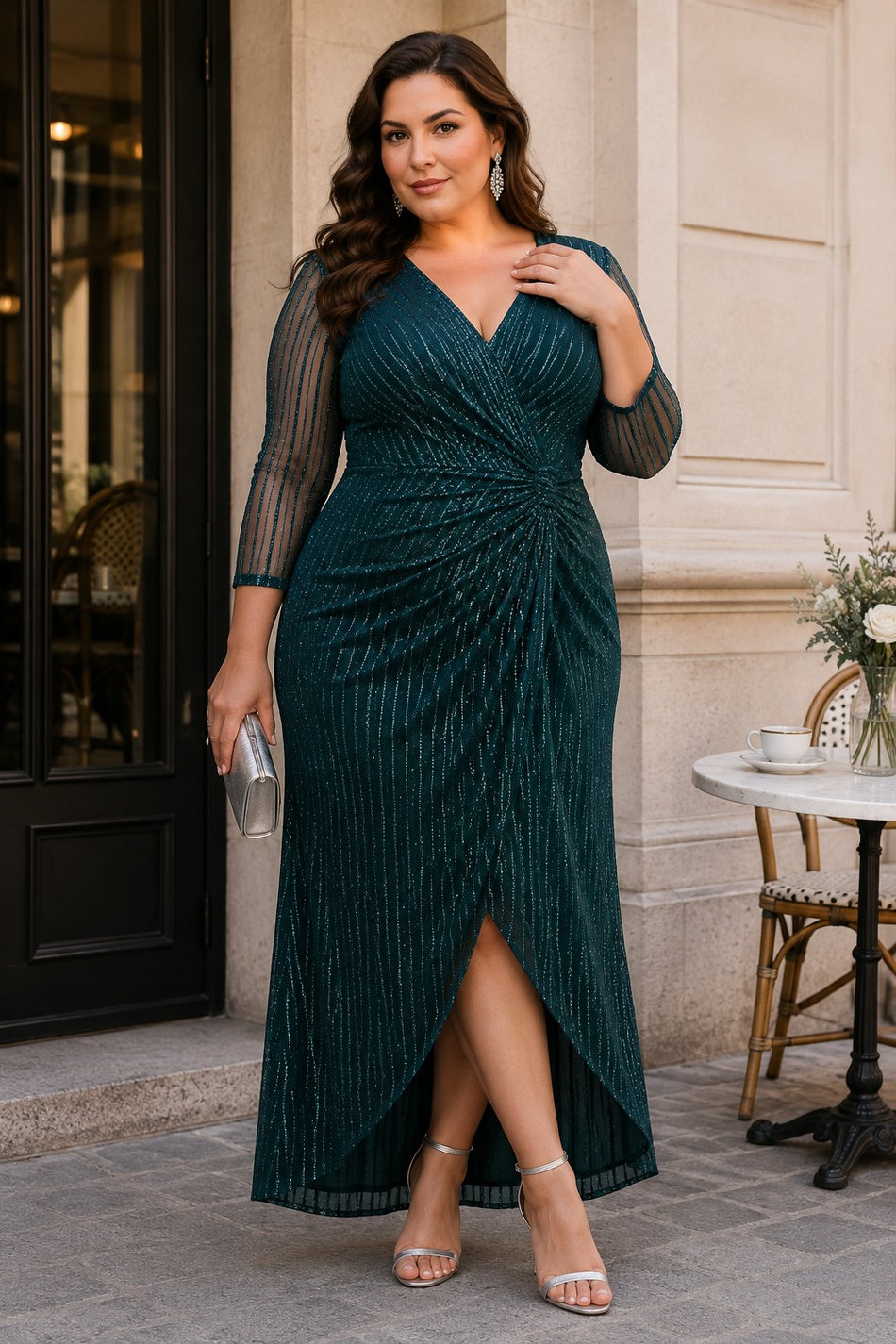Plus size woman wearing an emerald green wrap midaxi formal dress with V-neck, gathered waist and sheer 3/4 sleeves.