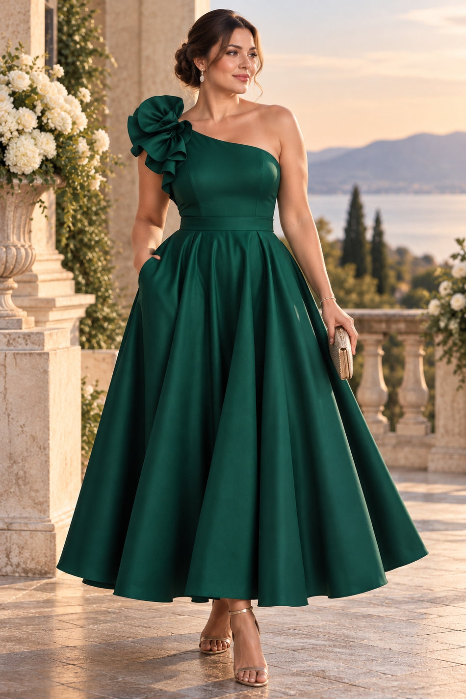 Plus size woman wearing a deep emerald one shoulder cocktail midi dress with statement shoulder detail and full A-line skirt.