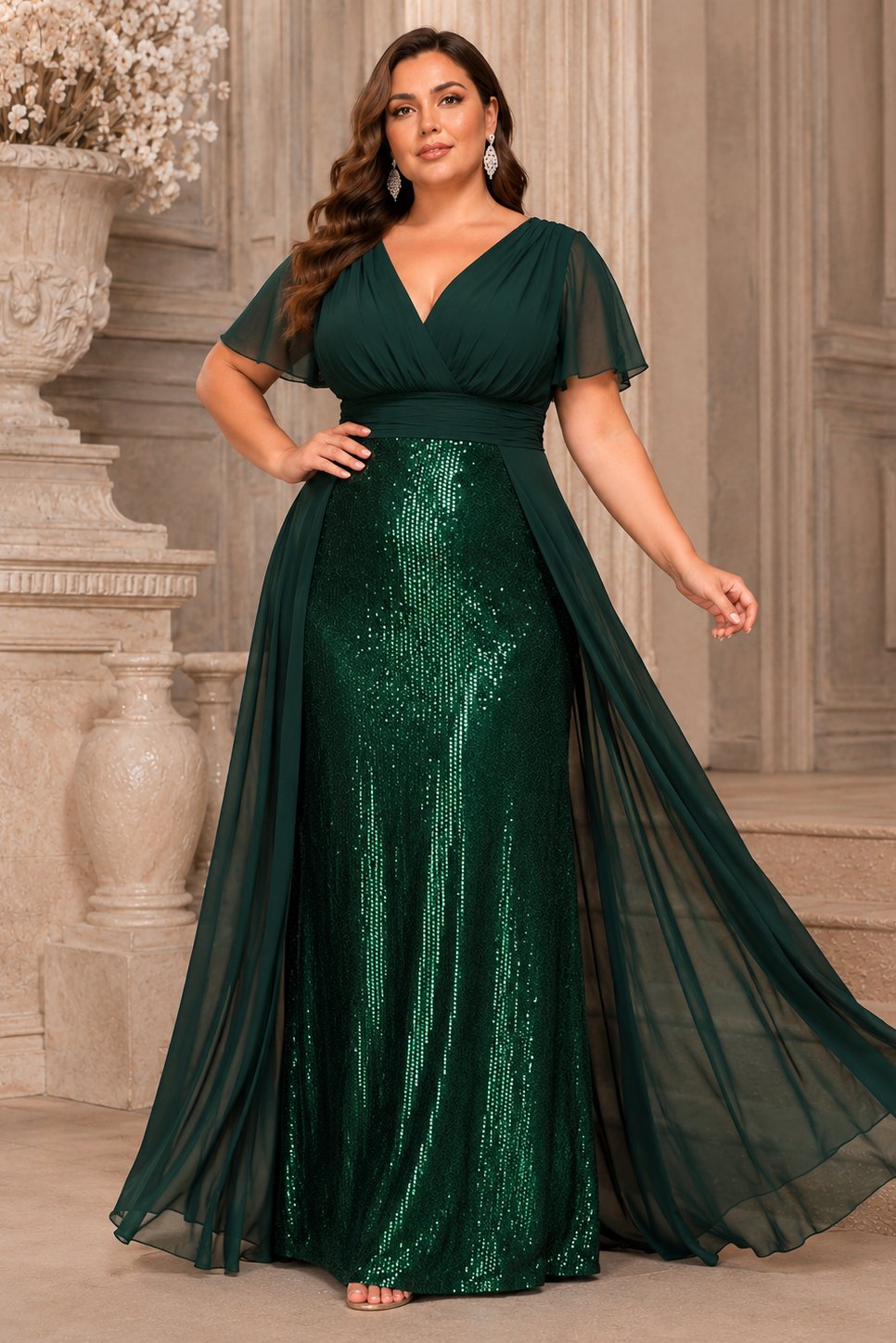 Plus Size Sequin Chiffon Overlay Short Sleeve Evening Dress– Hello Curve