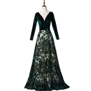 Plus Size Green Filigree Long Sleeve Gown