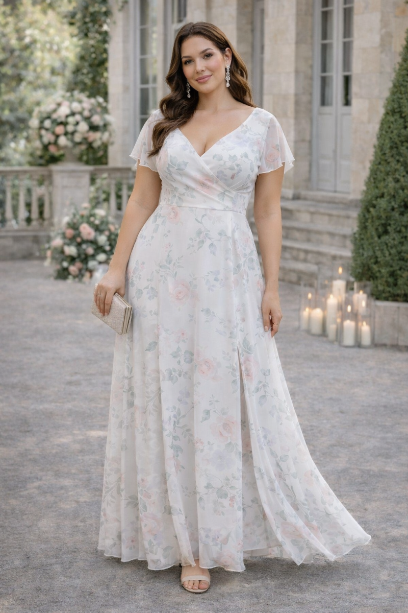 Plus Size Floral Chiffon Maxi Dress with wrap neckline, suitable for wedding guests