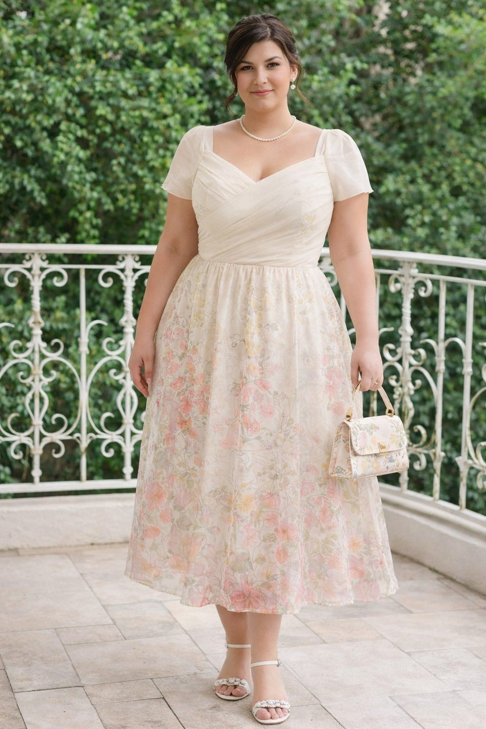 Plus Size Floral Wedding Guest Midi Dress in soft floral, suitable for wedding guest and daytime events