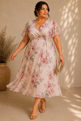 Plus size floral midi dress with short sleeves, wrap neckline, A-line skirt,  and empire waist