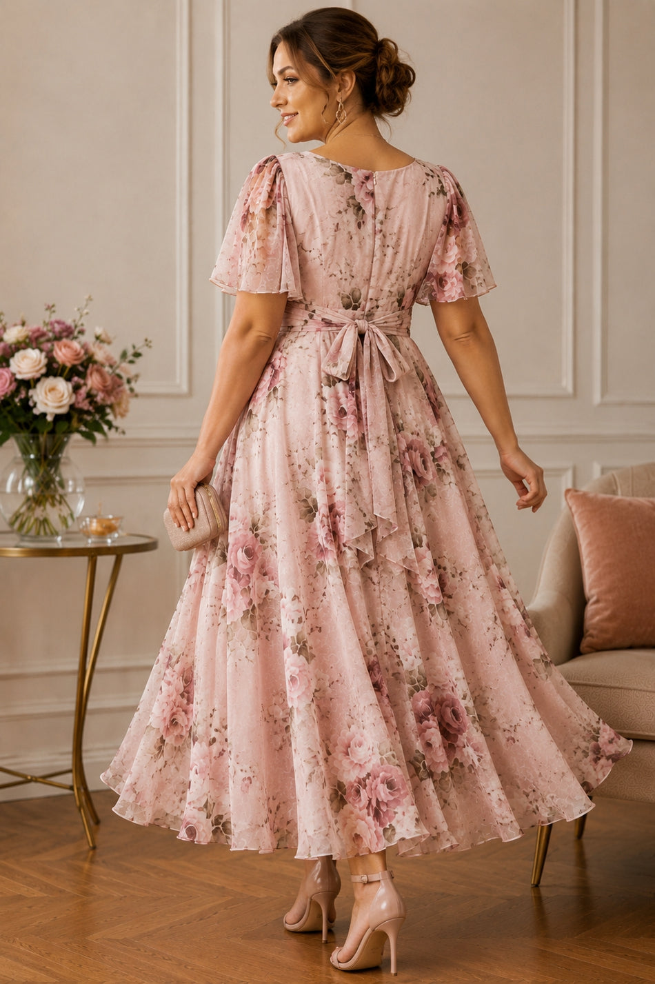 Plus Size Floral Wedding Guest Midi Dress with Sleeves– Hello Curve
