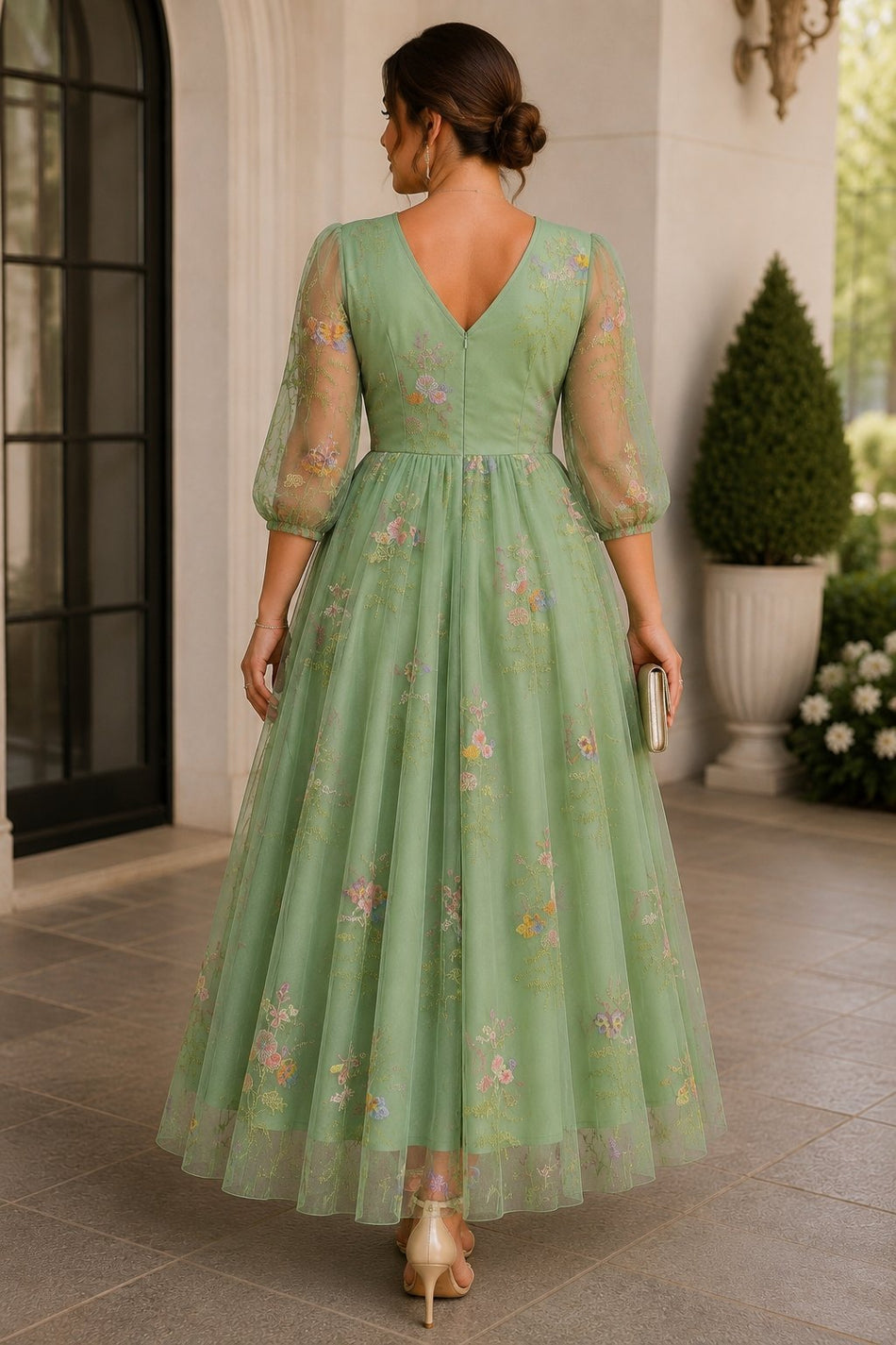 Plus Size Floral Embroidered Wedding Guest Midi Dress with 3/4 Sleeves– Hello Curve