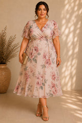 Plus size floral midi dress with flutter sleeves, wrap neckline and flowing A-line skirt