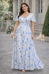 Plus Size Floral Wrap Maxi Dress in white and blue floral print, suitable for wedding guests