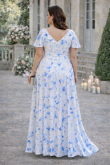 Plus Size Floral Wrap Maxi Dress in white and blue floral print, suitable for wedding guests - back view