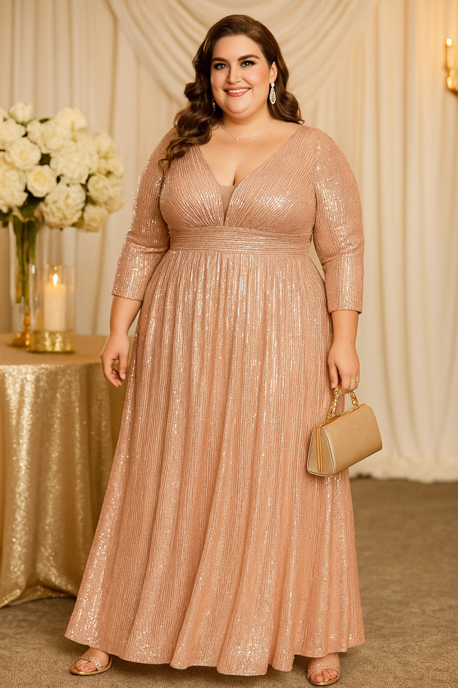 Elkin Plus Size Gold 3/4 Sleeve Gown– Hello Curve