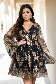 Plus Size Gold Long Sleeve Party Dress - Black