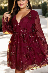 Plus Size Gold Long Sleeve Party Dress - Red