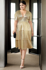 Plus Size Gold Short Sleeve Cocktail Dress - Styled Front View