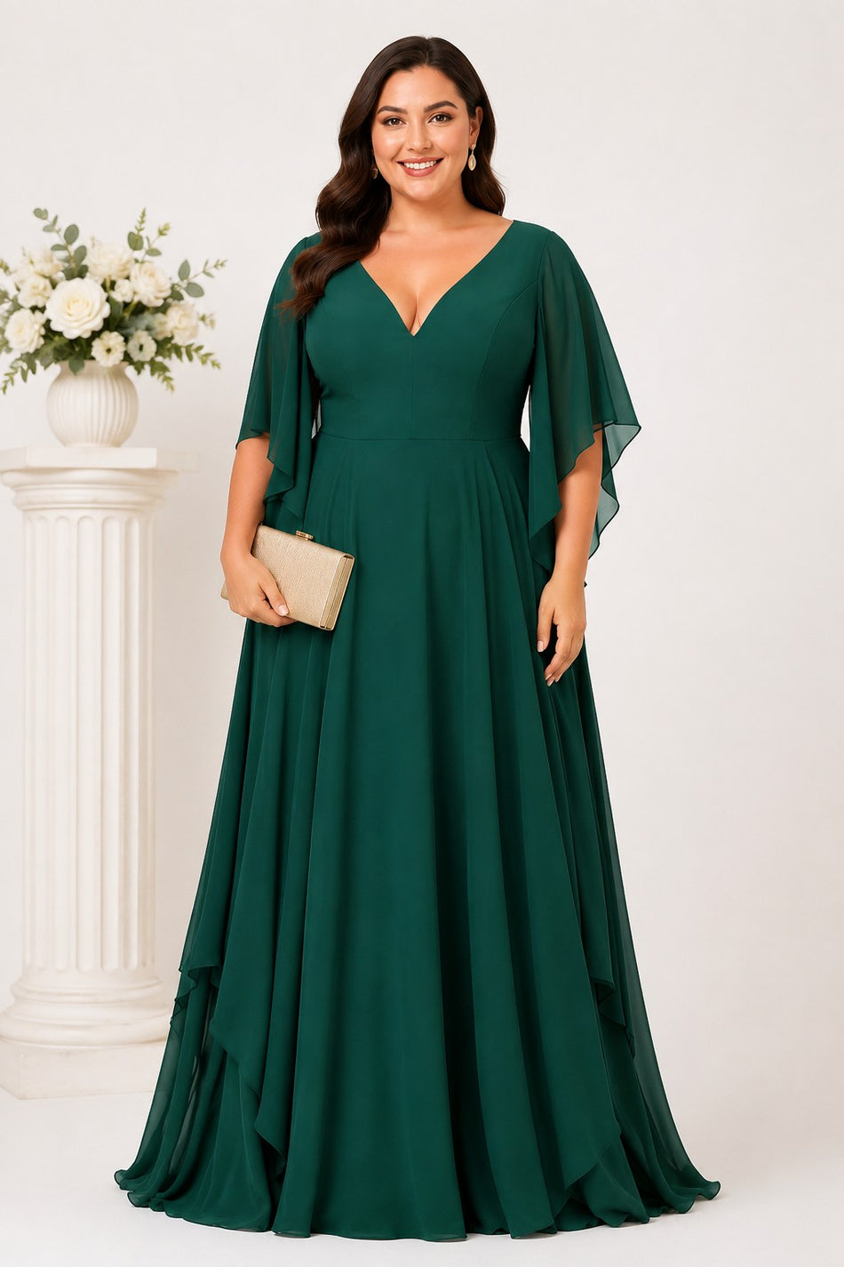 Front view of an emerald green plus size chiffon formal maxi dress with flattering V-neckline, angel sleeves and layered irregular hem.