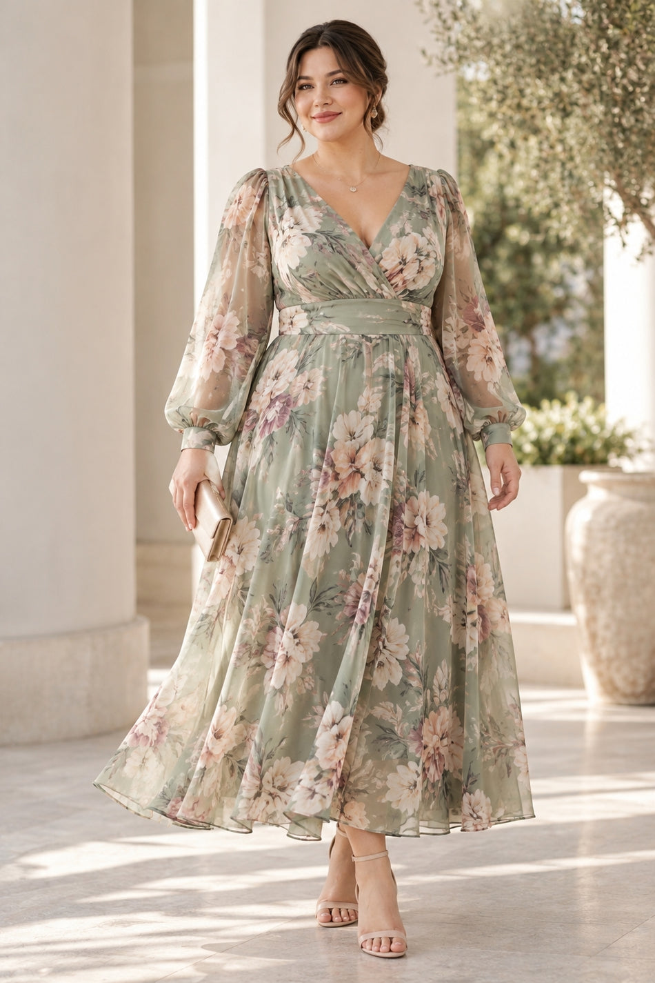 Plus size woman wearing a sage green floral midi dress with wrap V-neckline, long sheer sleeves and flowing A-line skirt.