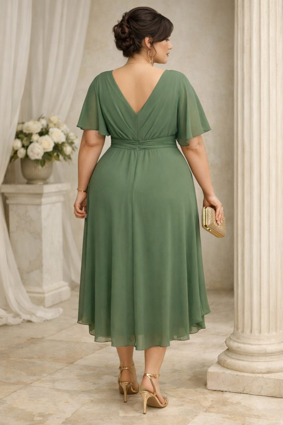 Plus Size Wedding Guest Midi Dress in dusty green, suitable for wedding guest and formal events